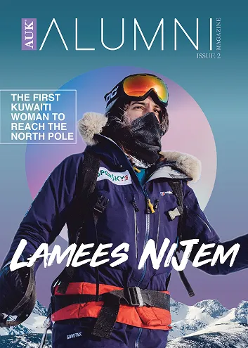 Magazine cover for AUK ALUMNI Issue 2 featuring The first kuwaiti woman to reach the north pole. 