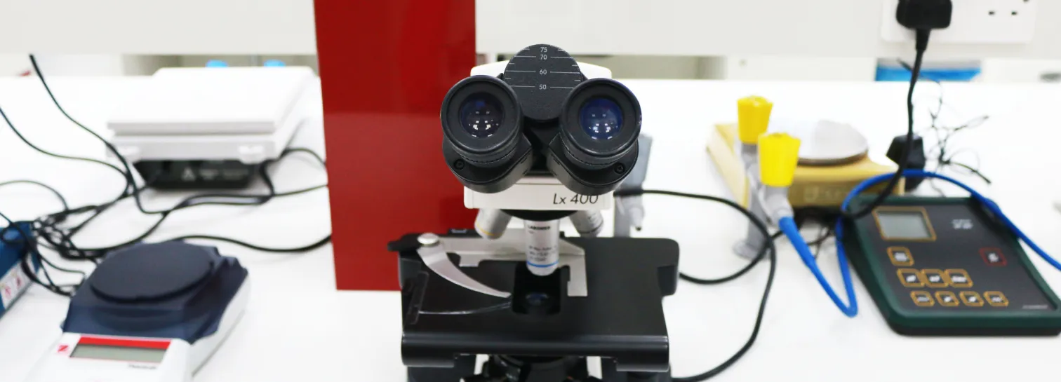 A close-up, eye-level view of the eyepieces and top portion of a binocular microscope with "Lx 400" printed on its body,