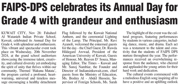 AUK President guest speaker celebrating FAIPS-DPS Annual Day for Grade 4